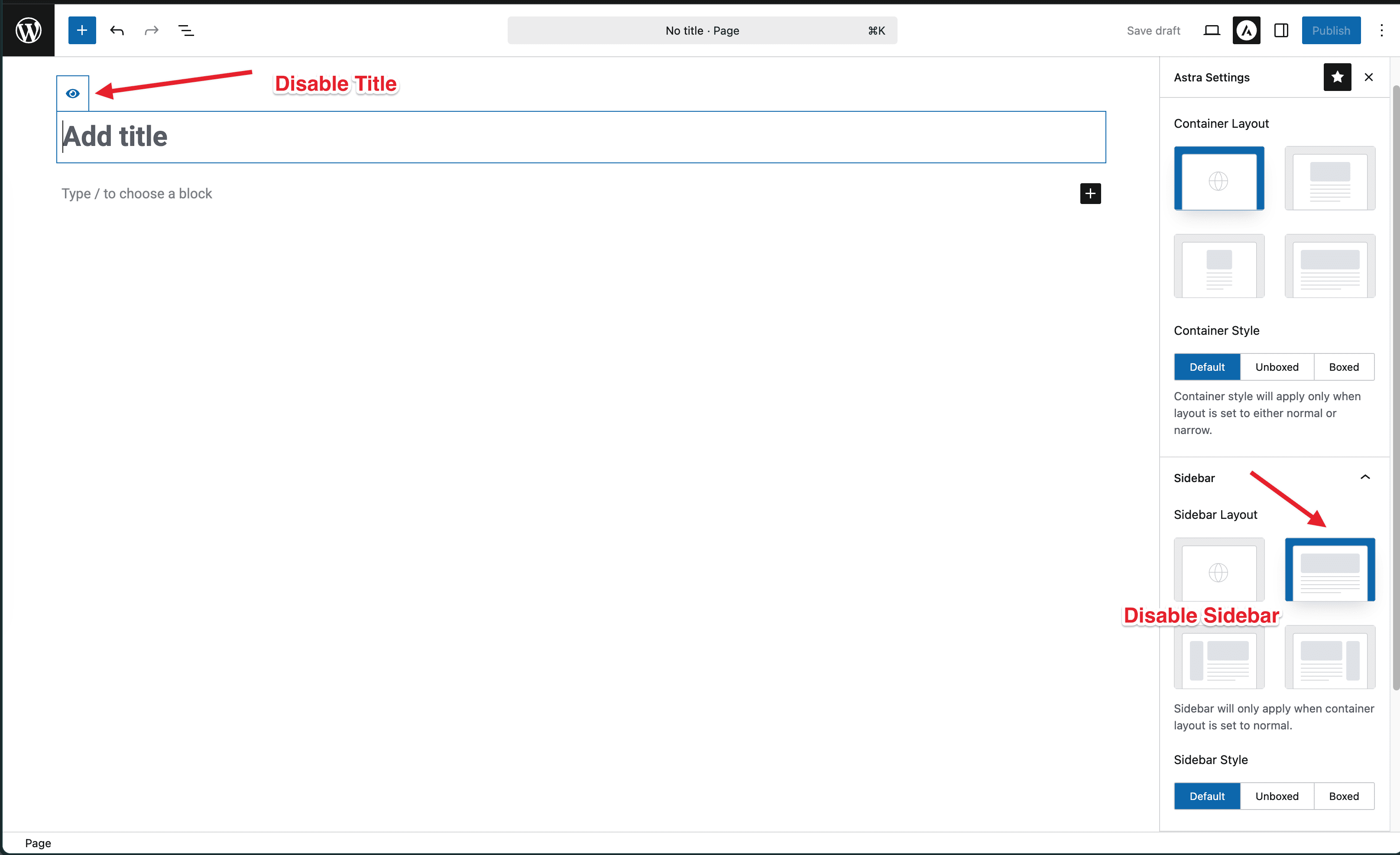 Astra Settings: Disable Sidebar and Title