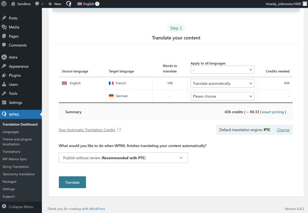 click the Translate button to start translating