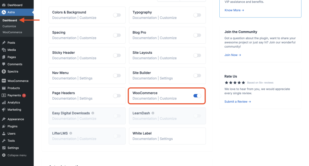 Enable the WooCommerce module from Astra > Dashboard