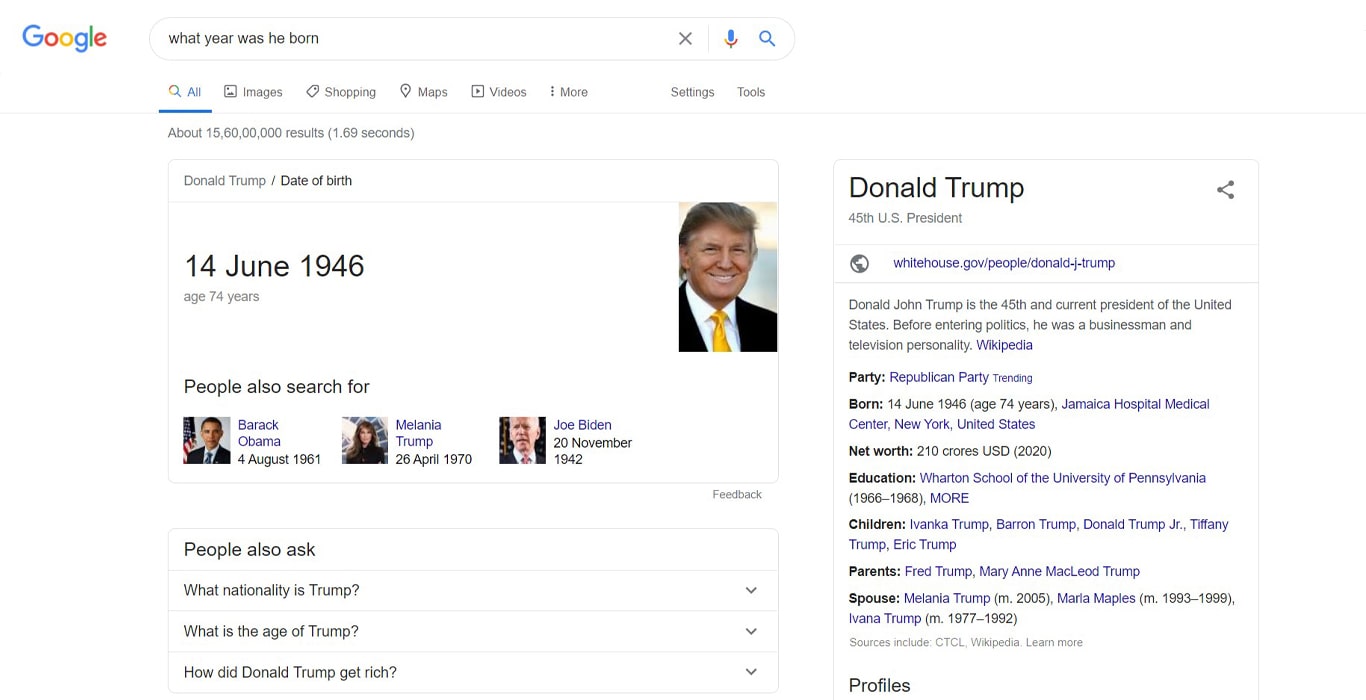 Voice search result for Trump birthdate