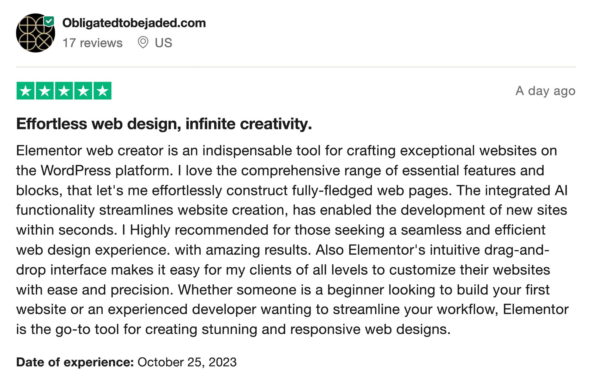 user review about elementor on trustpilot