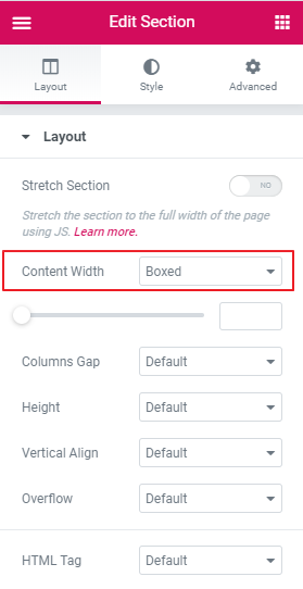 Elementor Edit Section Content width Settings