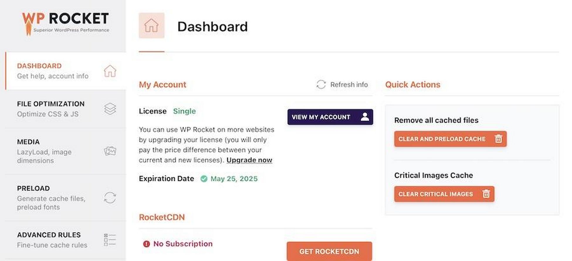 WP Rocket dashboard