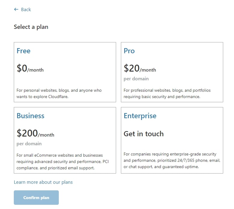 Picking a plan on Cloudflare