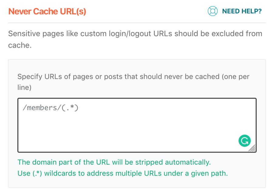 WP Rocket Never Cache URLs setting