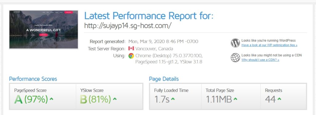 Speedtest results of Astra test page before WP Fastest Cache