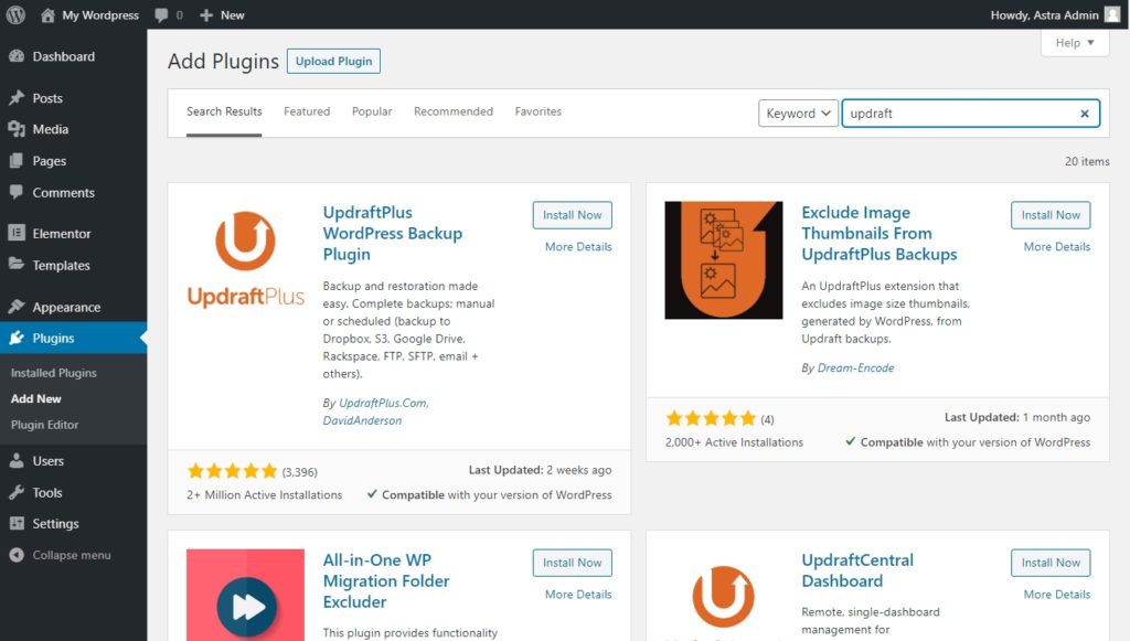 Updraft Plus plugin search on the WordPress dashboard