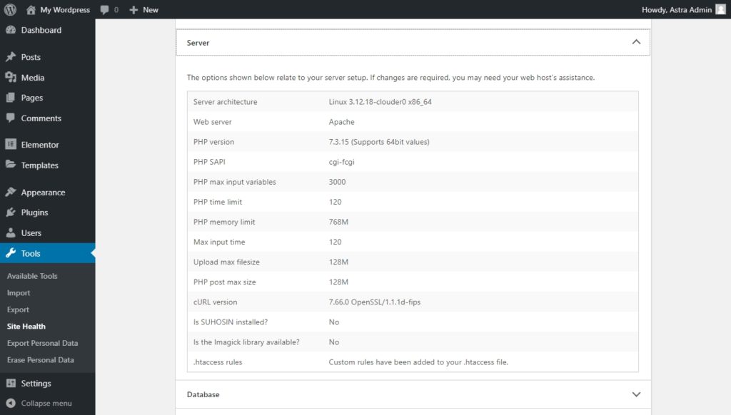 Server information screen on the WordPress dashboard