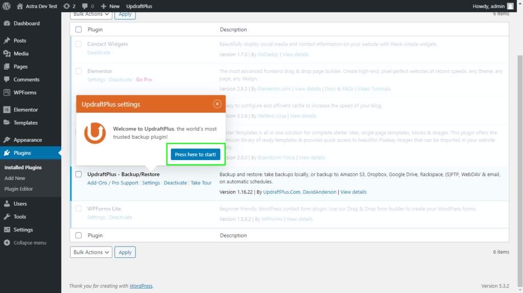 Start UpdraftPlus plugin from the plugins page