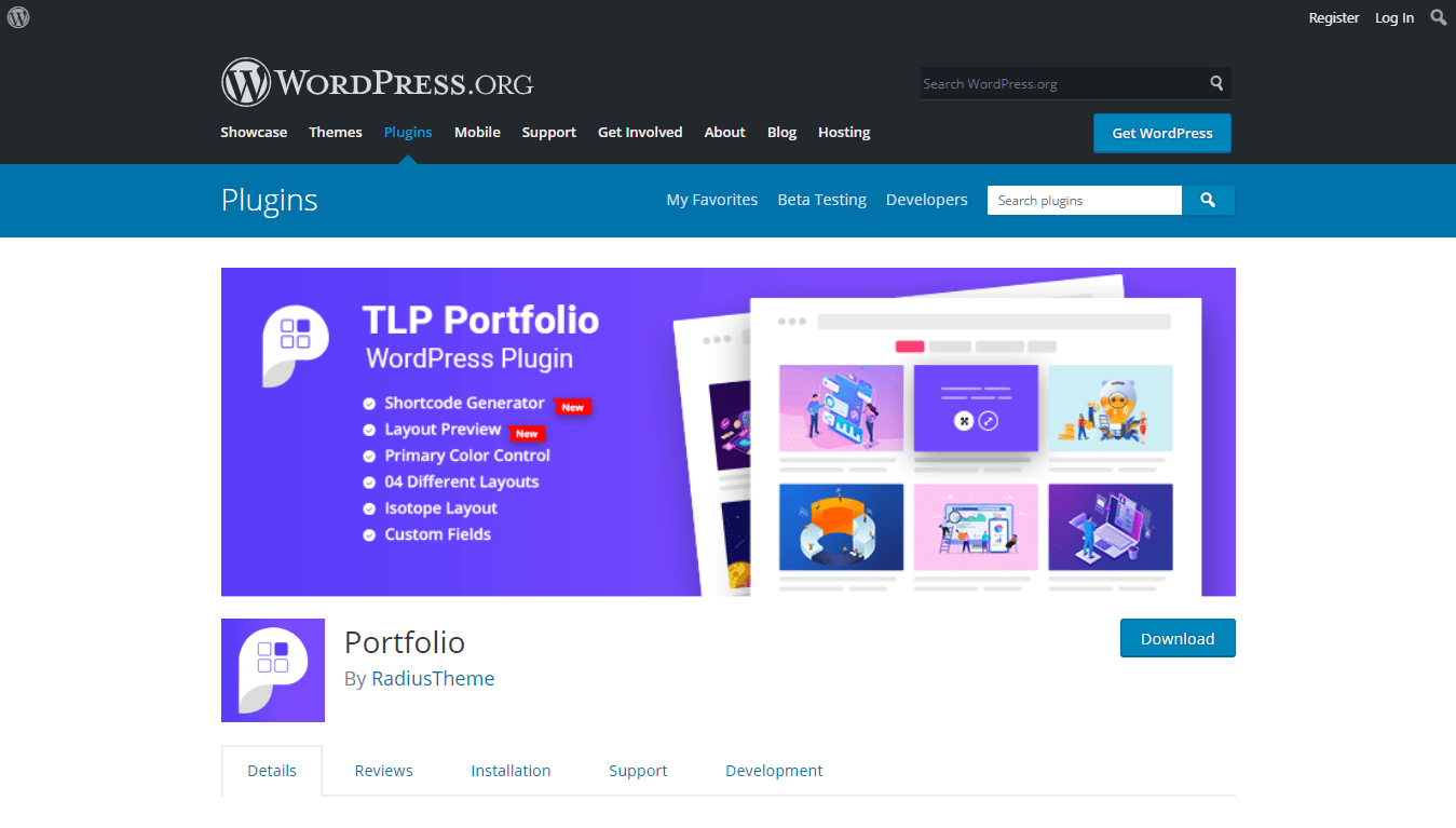 TLP Portfolio plugin download page on WordPress.org