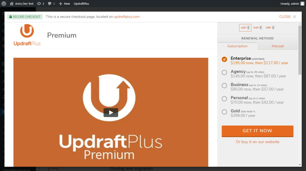 Upgrade UpdraftPlus plugin to the premium version