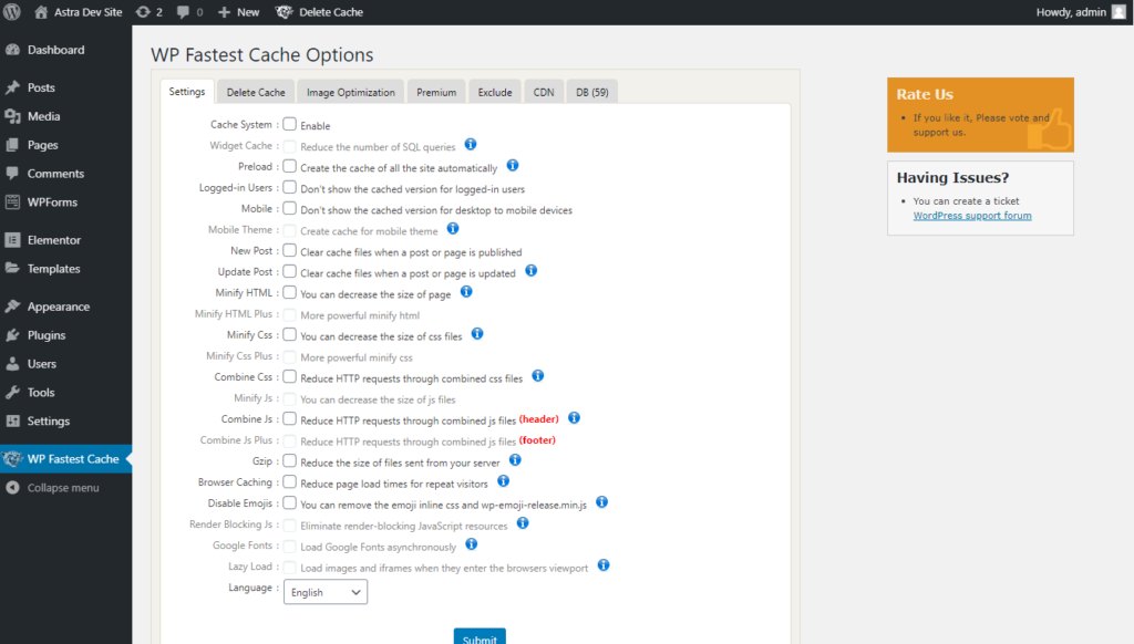 WP Fastest Cache options page