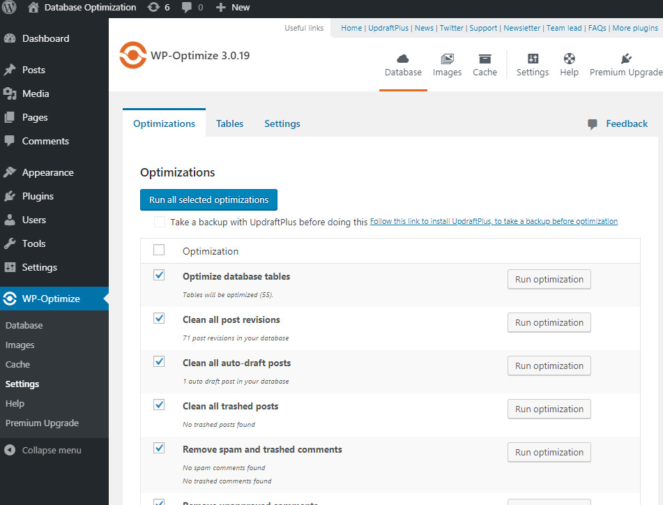 WP-Optimize Plugin settings 