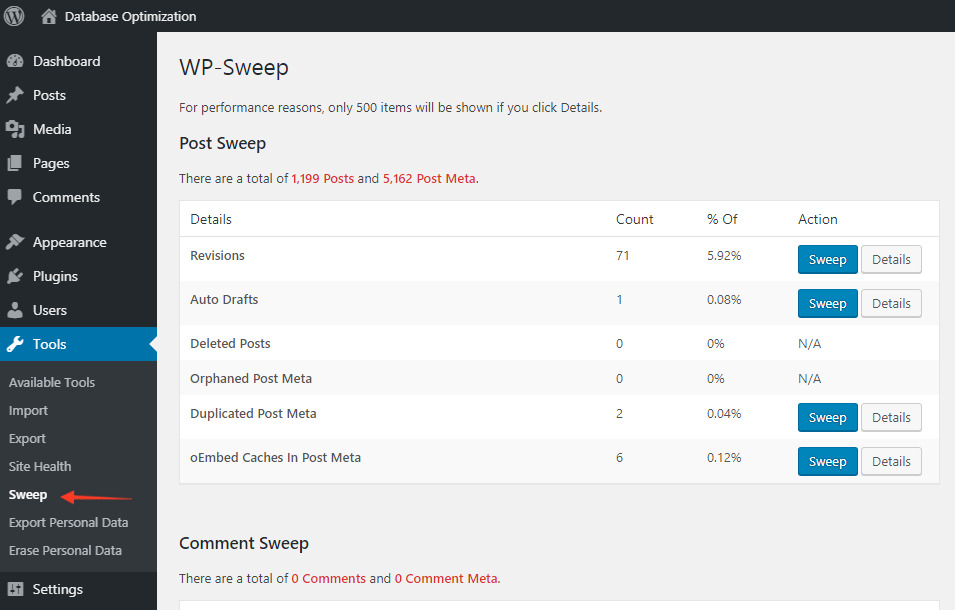 WP-Sweep Plugin Settings 