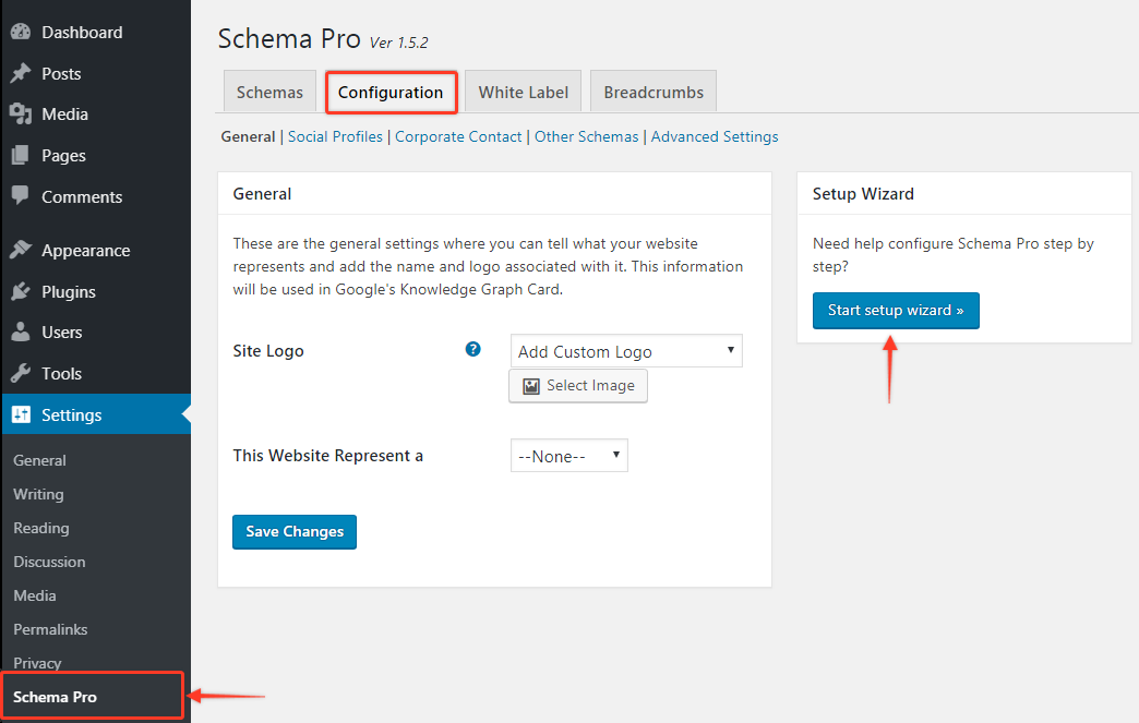 Schema Pro configuration settings on the WordPress backend