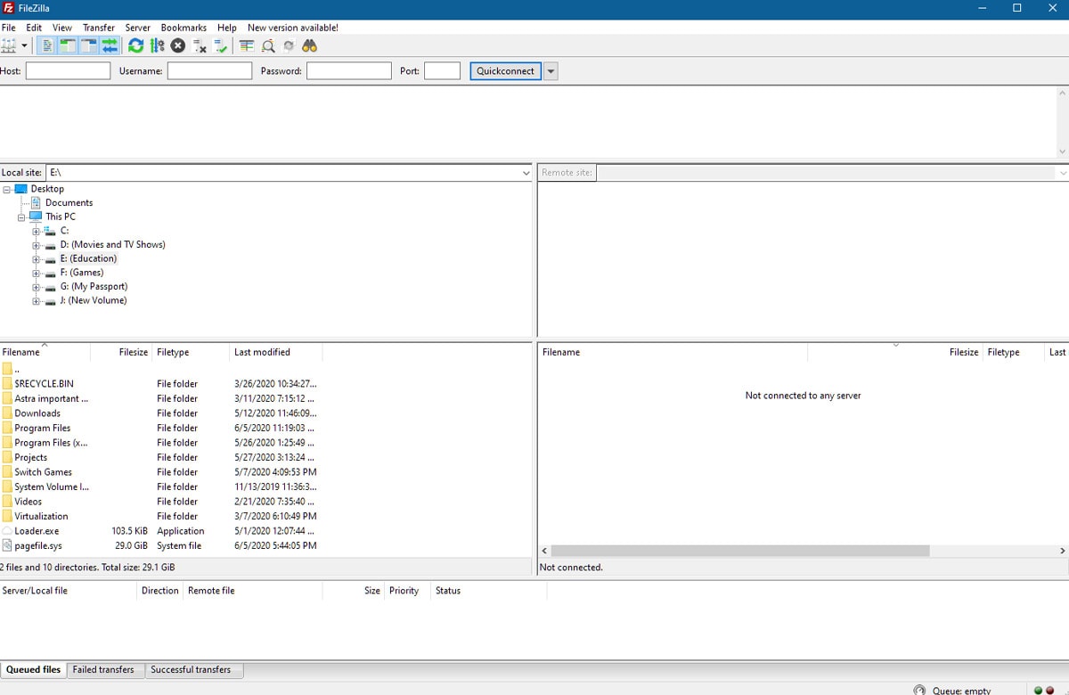 Interface of Filezilla