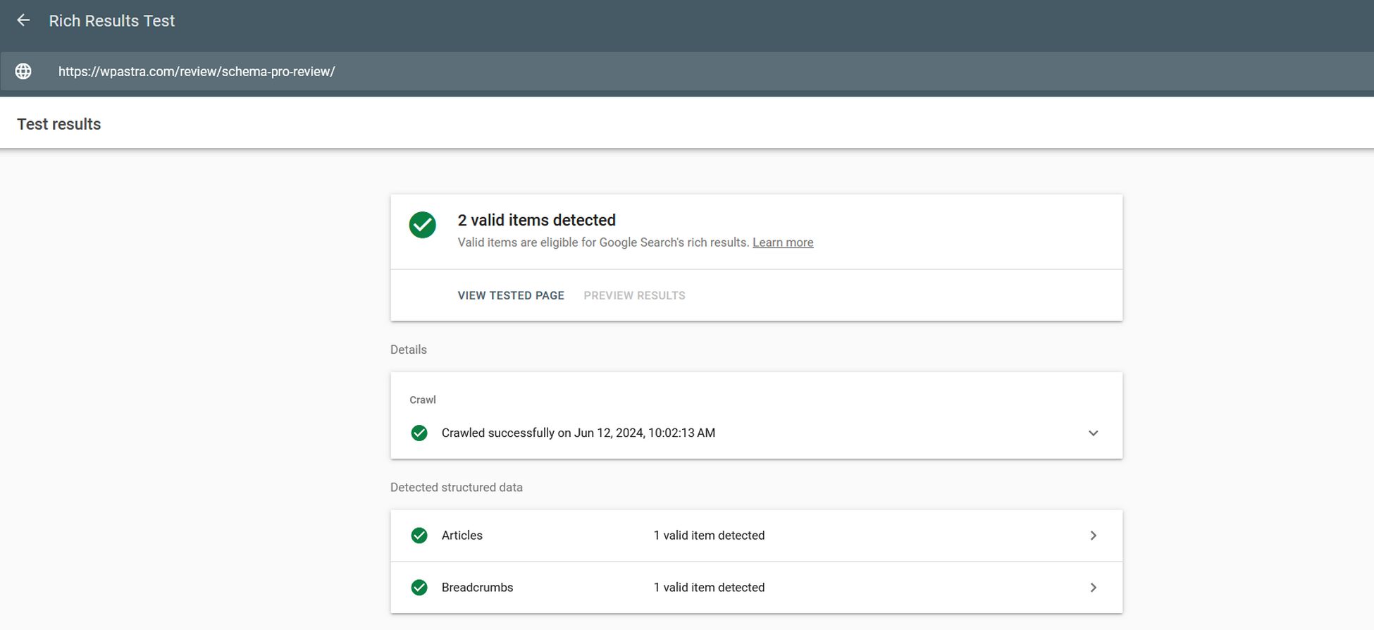 structured data testing tool results