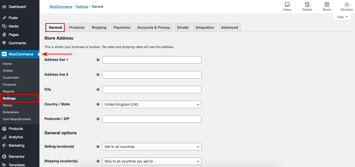 woocommerce general settings