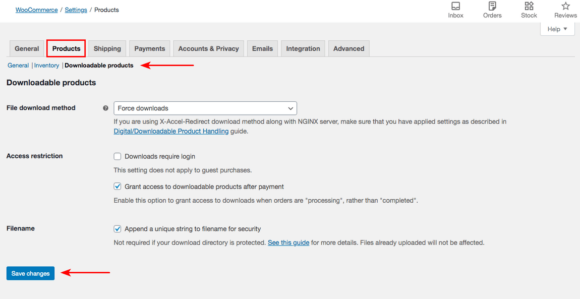 woocommerce products downloadable settings