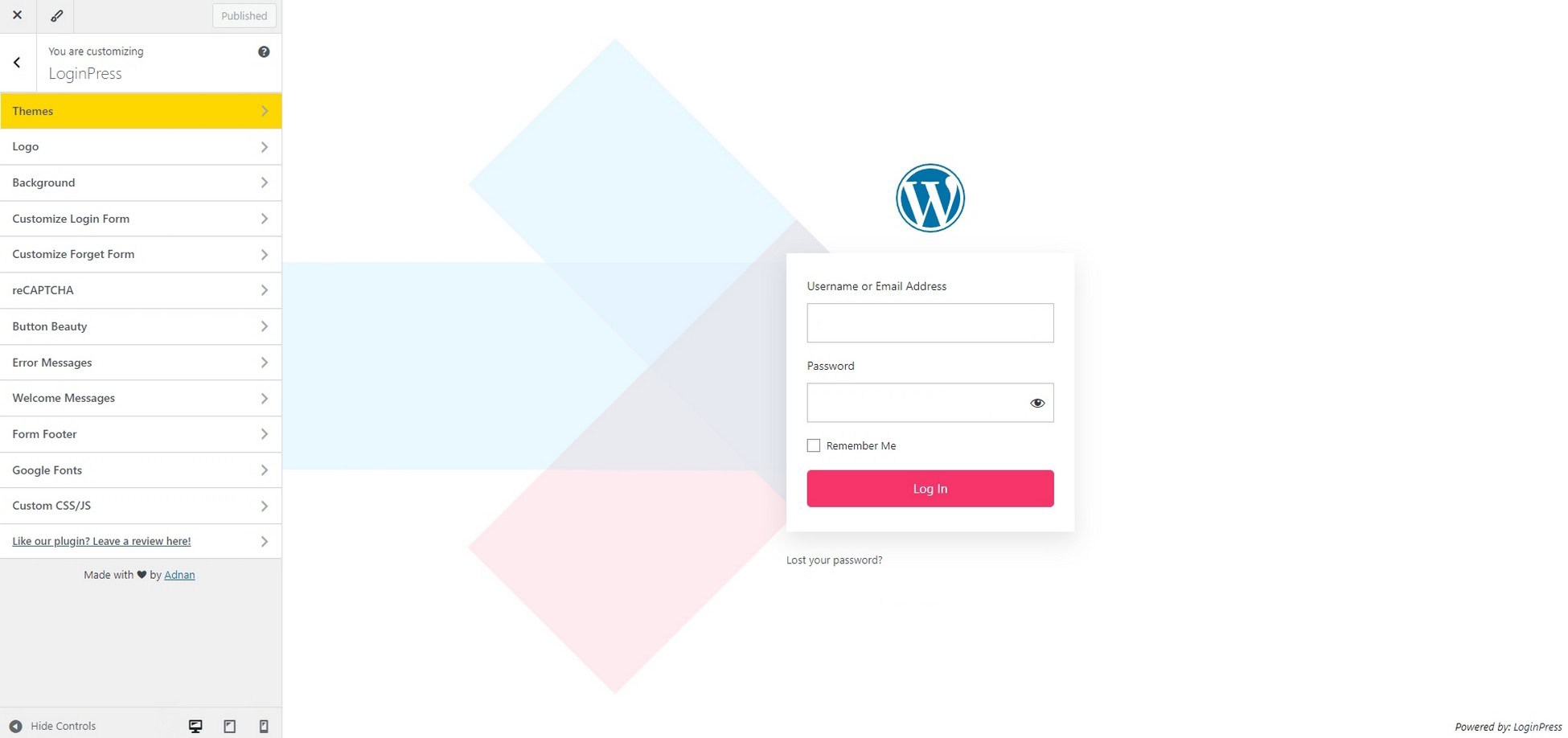 WordPress customizer window open with your current login page