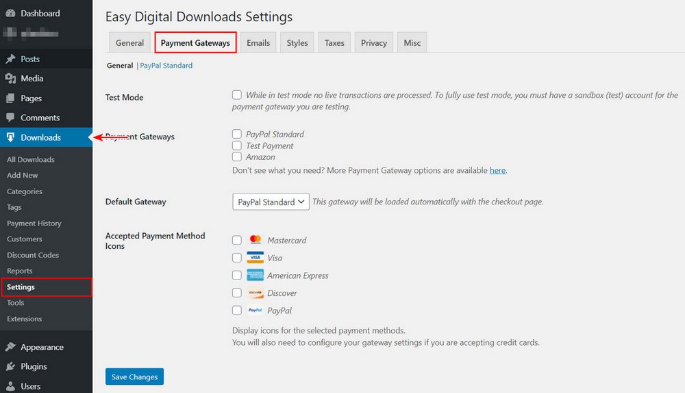 Easy Digital Downloads payment gateways setting