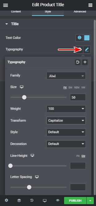 Elementor product title typography setting