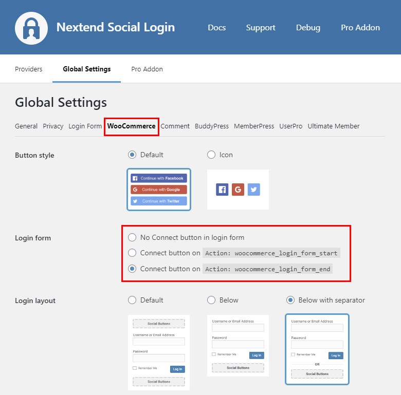 Nextend social login wordpress WooCommerce settings