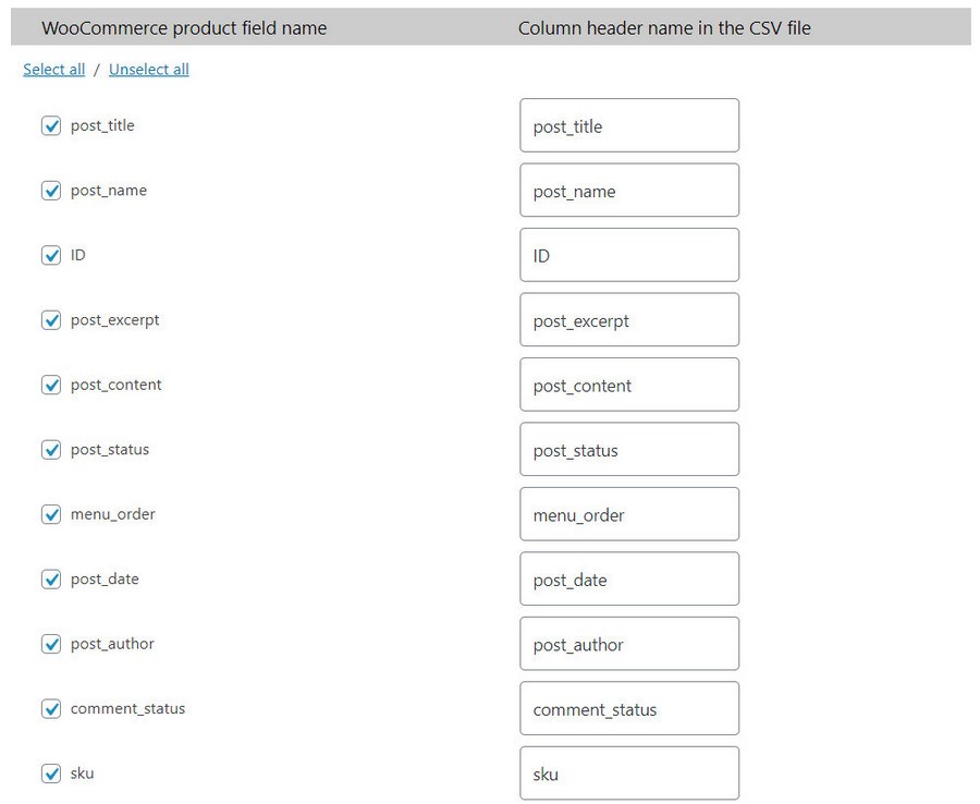 Product Im-ex column setting