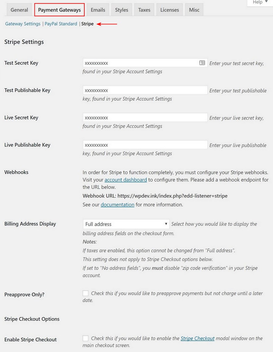 Stripe setting for Easy Digital Downloads