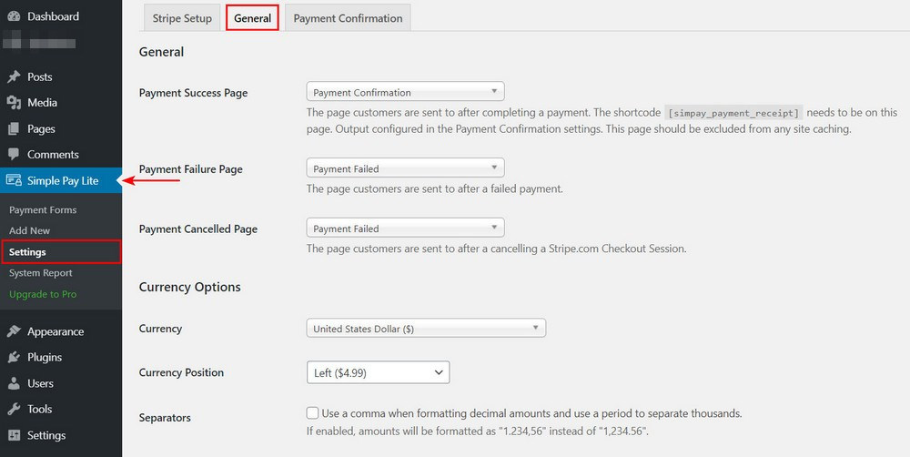 WP Simple pay lite general settings