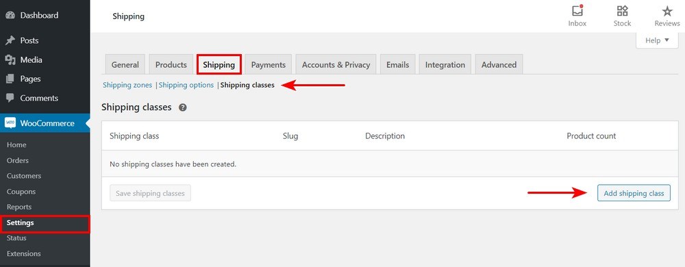 WooCommerce Shipping classes settings