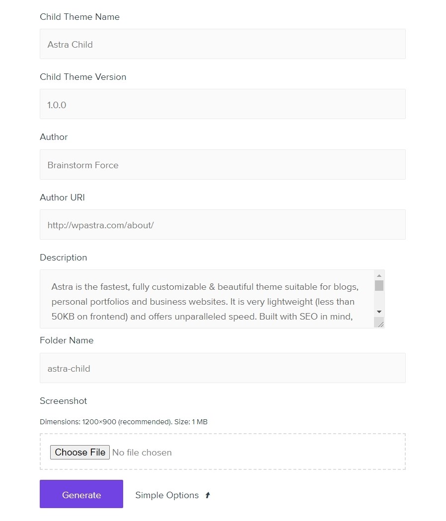 Astra child theme generator advance settings