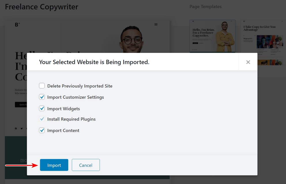 Astra template import settings