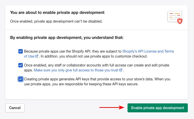 Shopify enable private apps