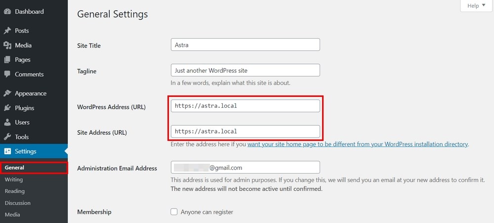 WordPress general setting for https