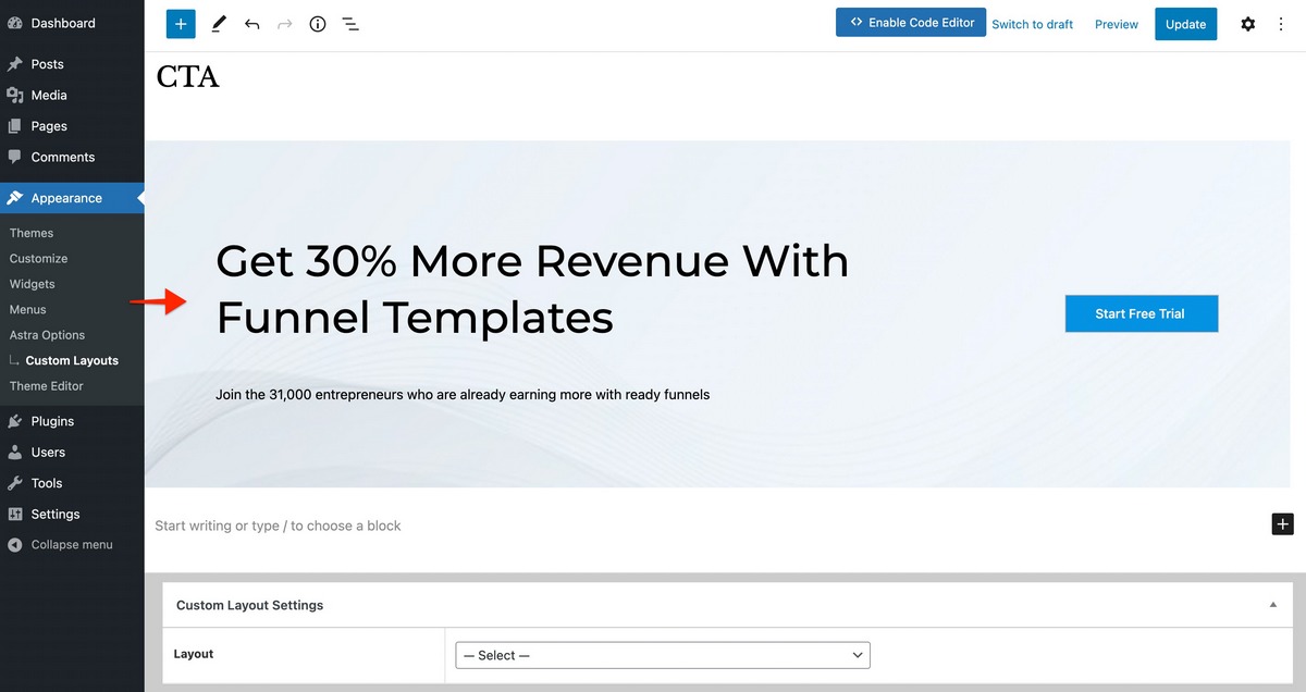 Design CTA with Astra Custom Layout