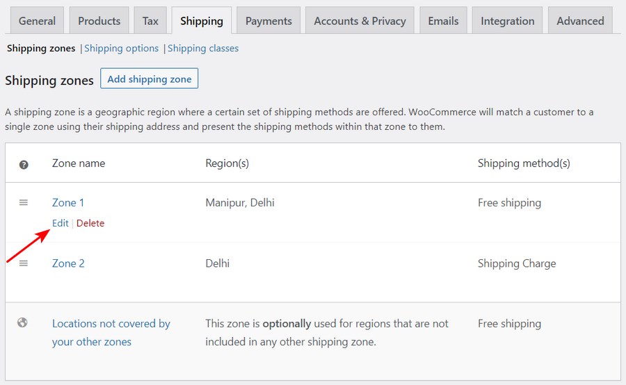 Edit shipping zone WooCommerce