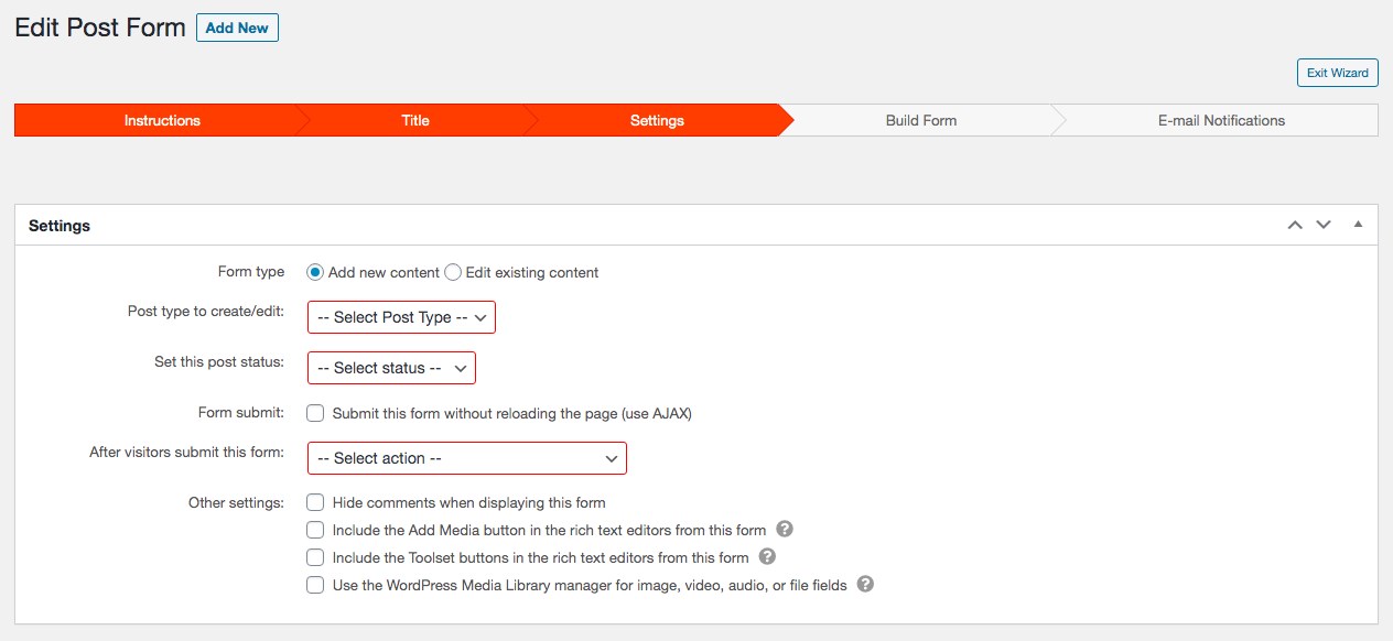 Post form wizard settings