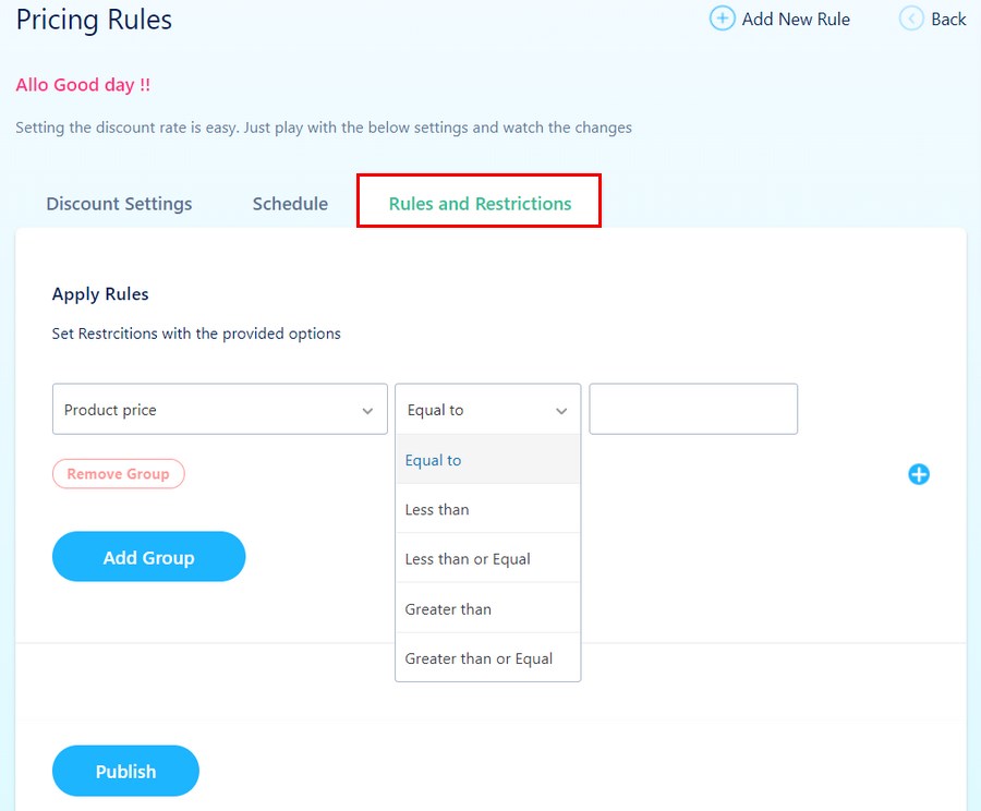 Pricing rule rules and restrictions