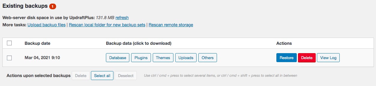 UpdraftPlus exisiting backups