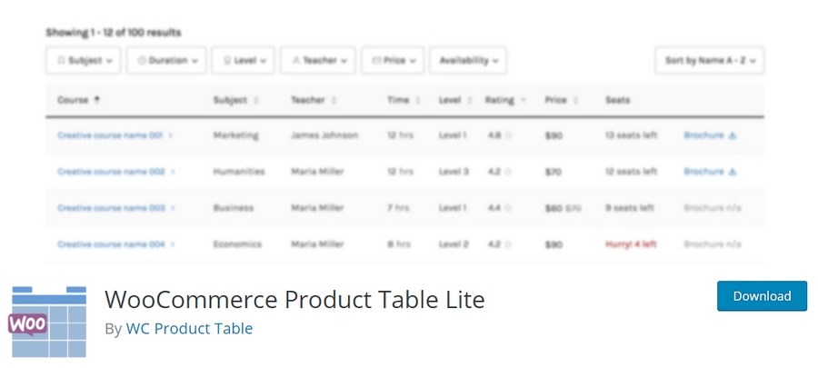 WooCommerce Product Table Lite plugin