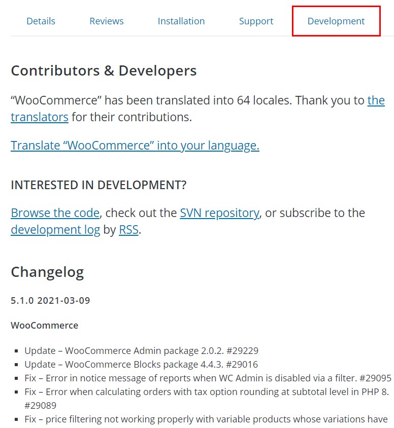 WooCommerce changelog