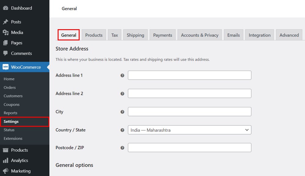 WooCommerce general settings