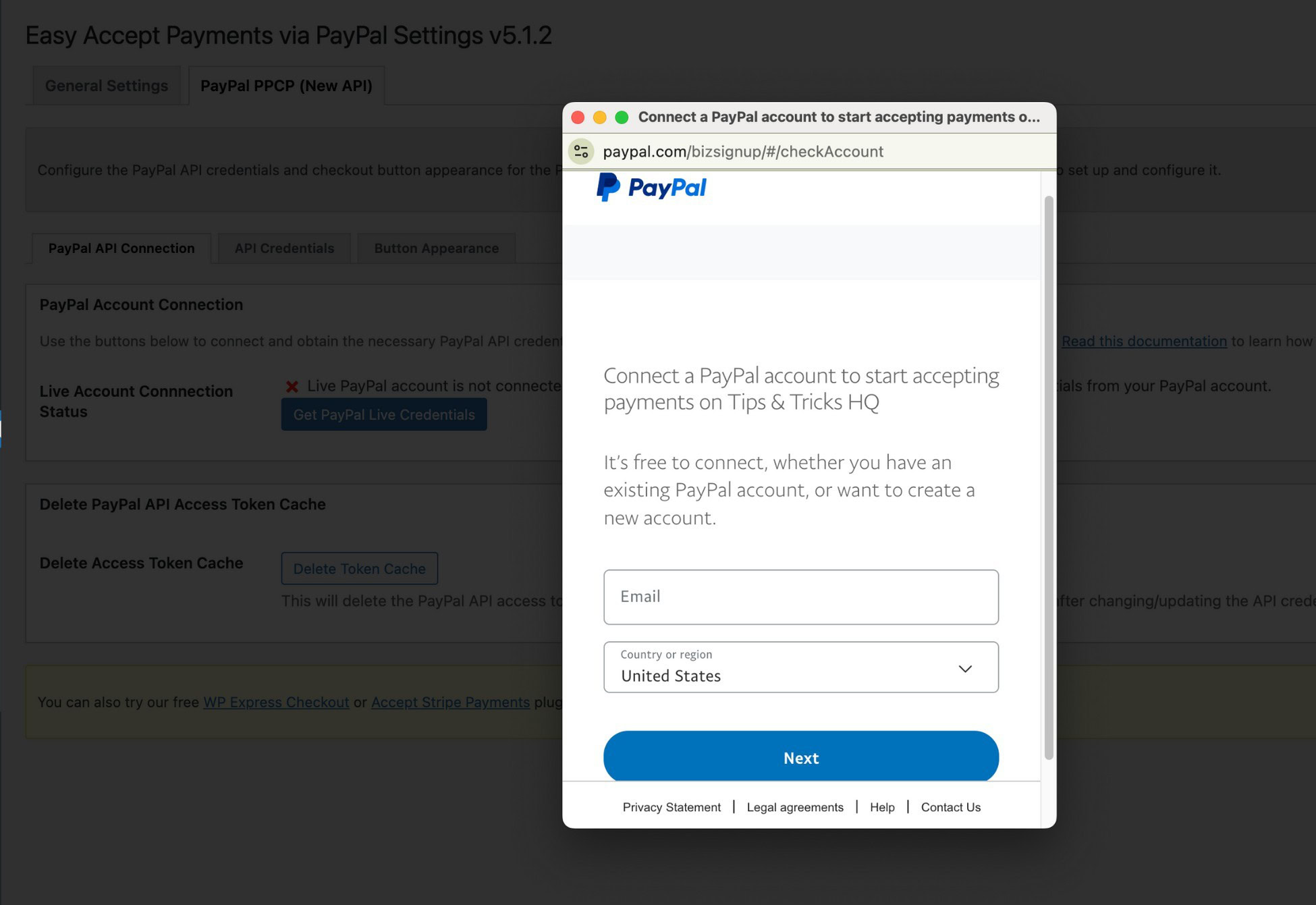 paypal signup window