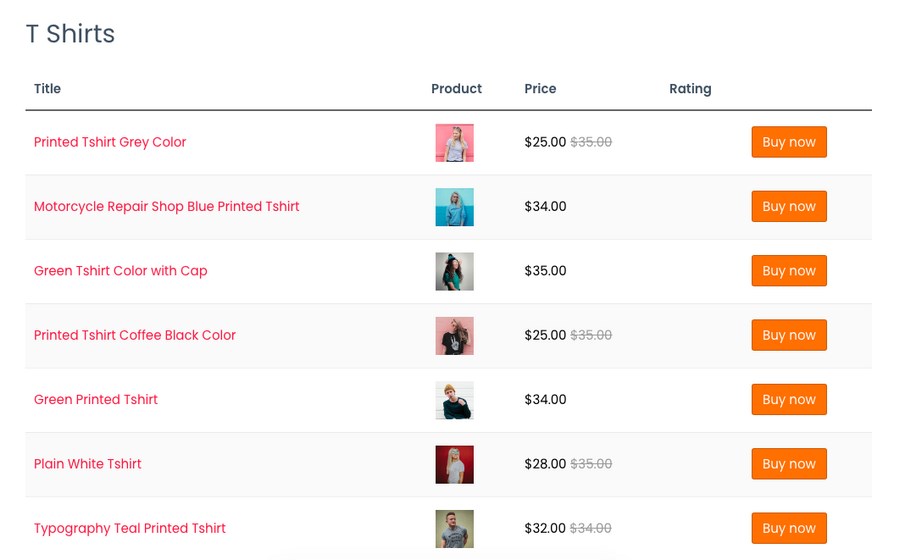 product table display using product table plugin