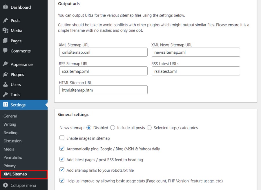 Google XML sitemap generator setting