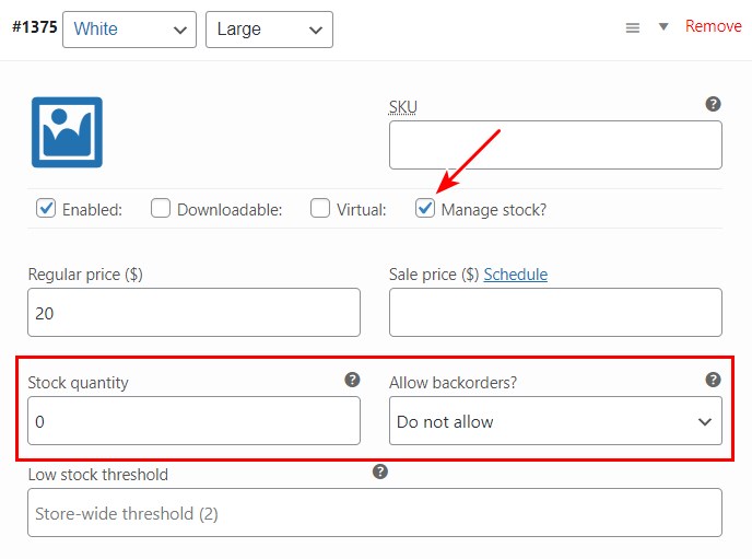 Product variation manage stock