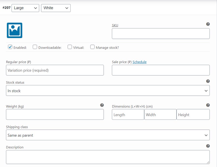 Product variation settings