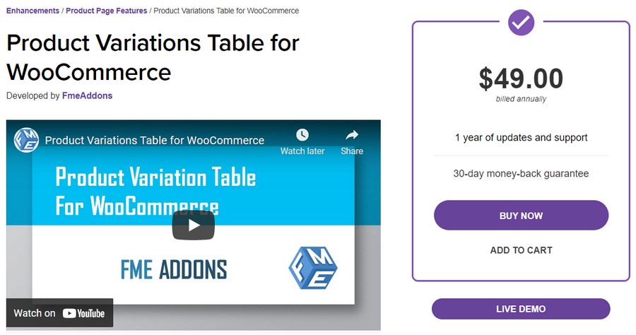 Product variation table for WooCommerce plugin