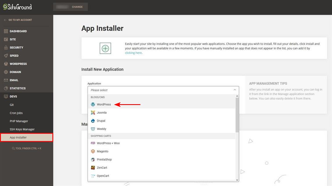 SiteGround app installer